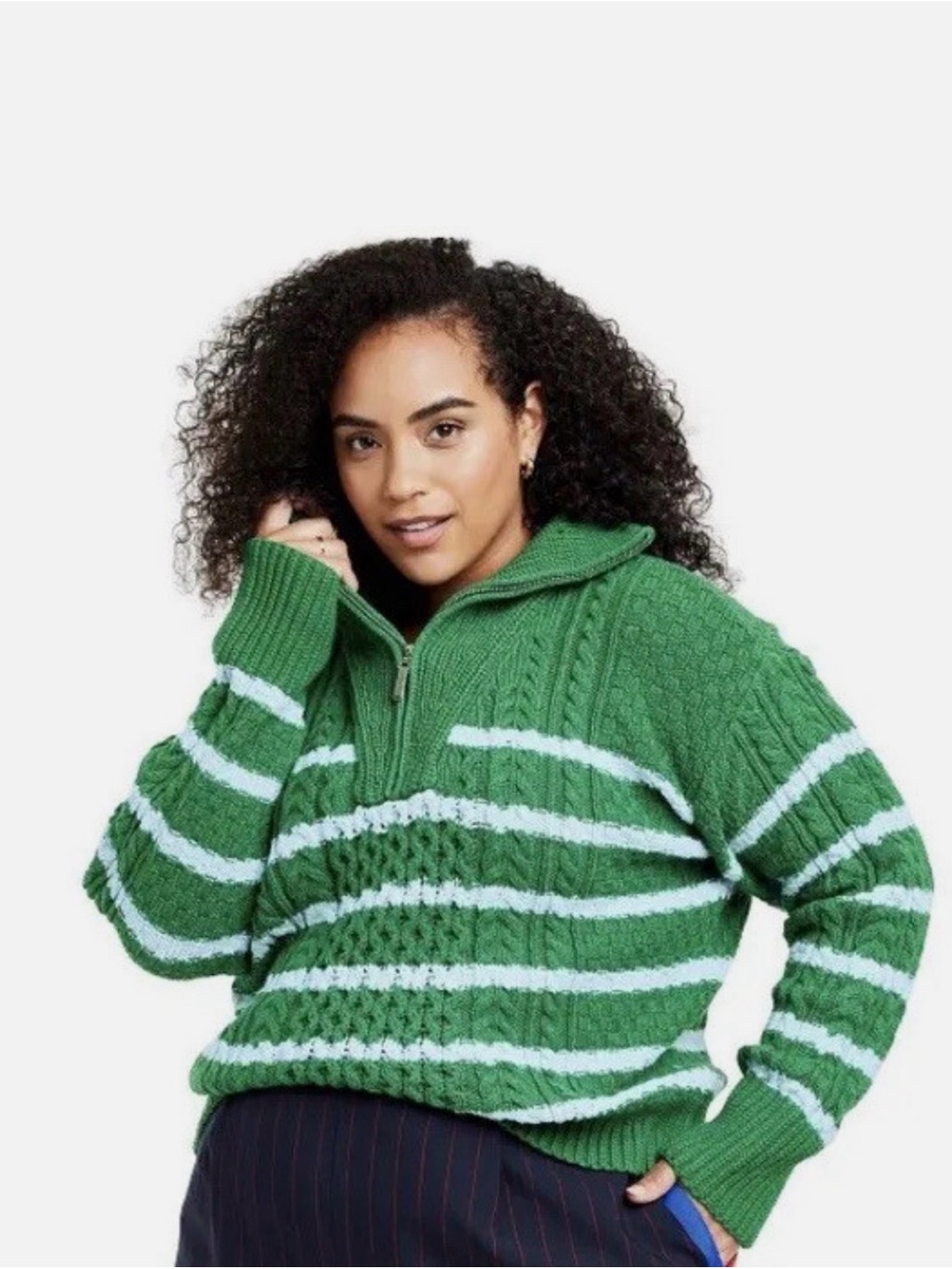 La Ligne Green and Blue Striped Half‑Zip Cable Knit Sweater